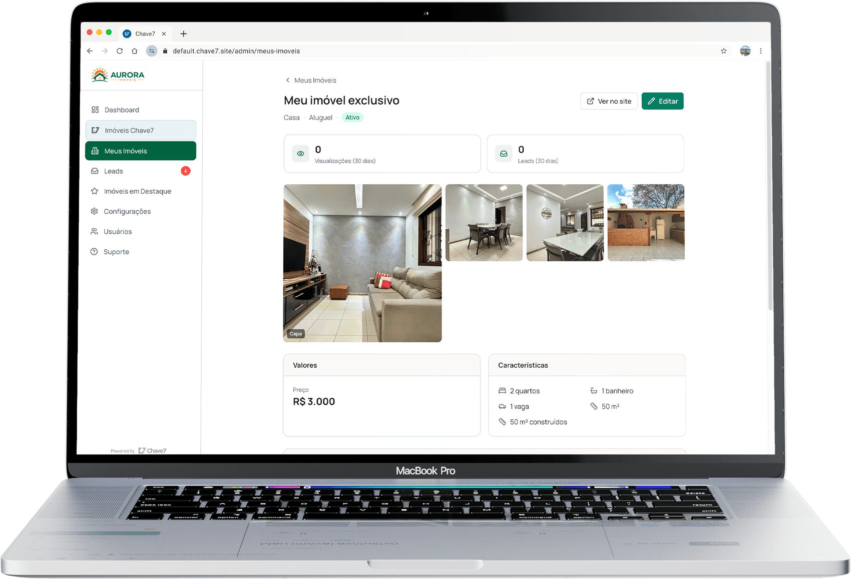 Notebook mostrando a tela de um imóvel cadastrado no Chave7 Sites