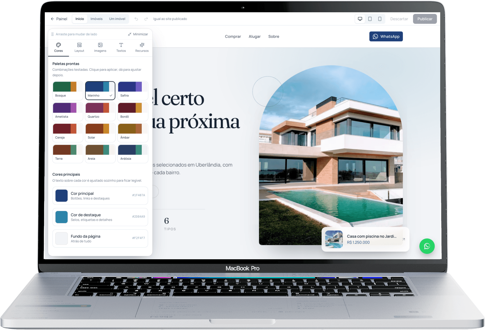 Notebook mostrando o editor visual do Chave7 Sites, com o site ao lado do painel de cores