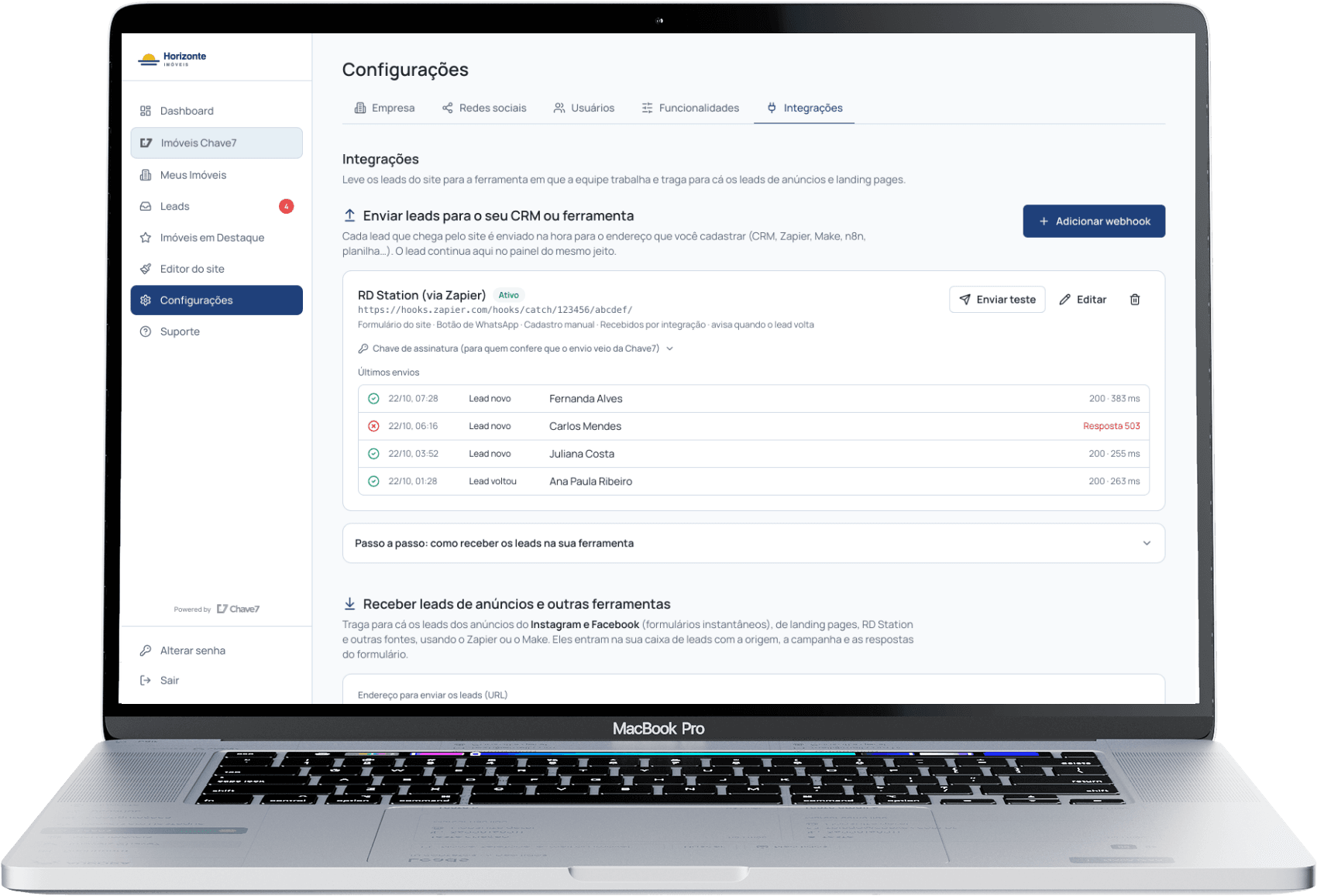 Notebook mostrando a tela de integrações de leads do Chave7 Sites