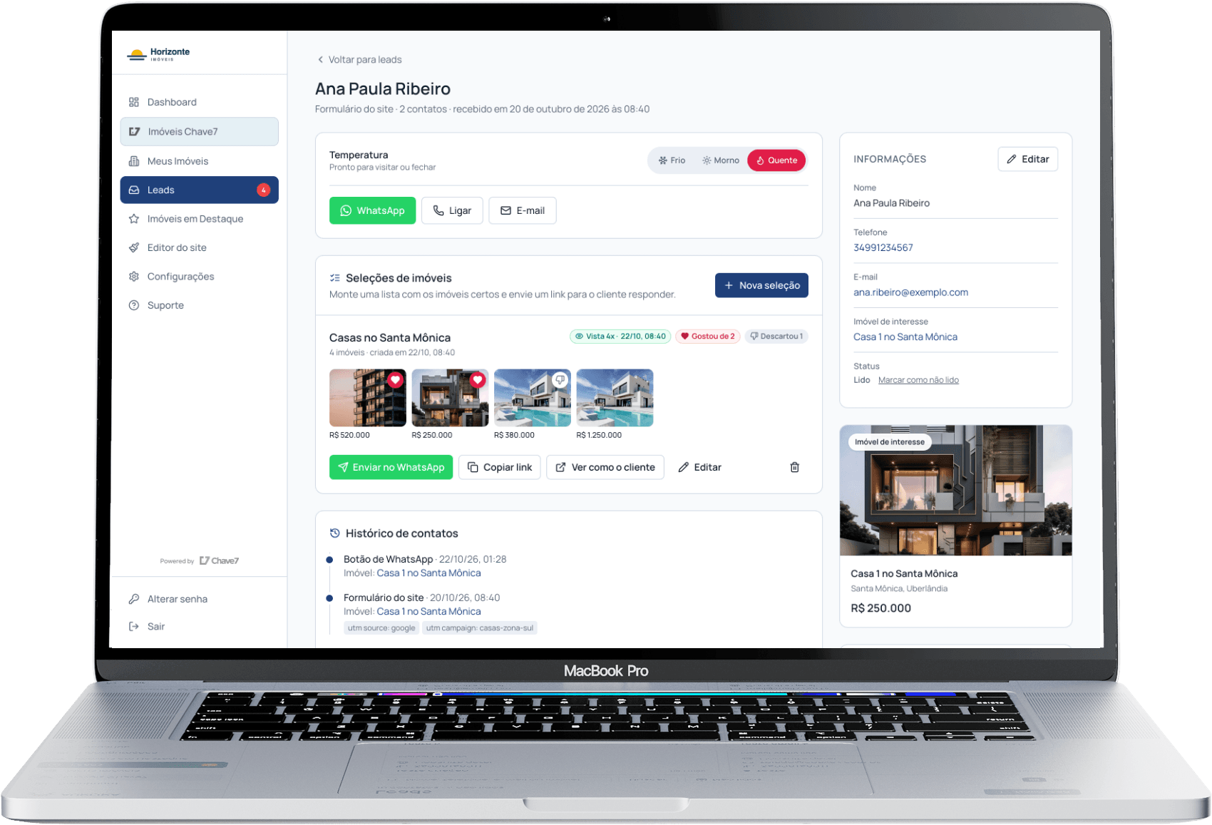 Notebook mostrando um lead com a seleção de imóveis enviada e os imóveis de que o cliente gostou