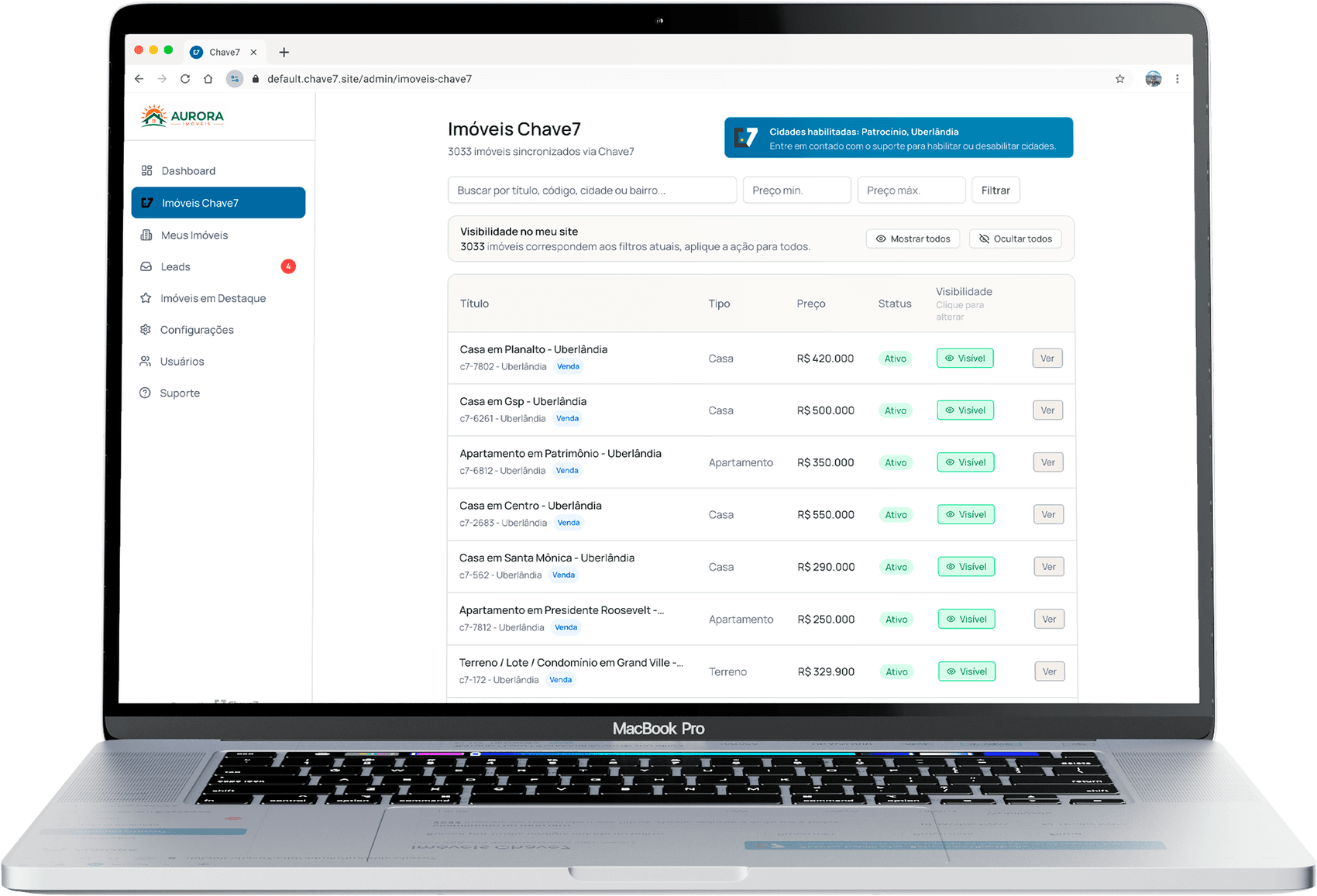 Notebook mostrando a lista de imóveis sincronizados no Chave7 Sites