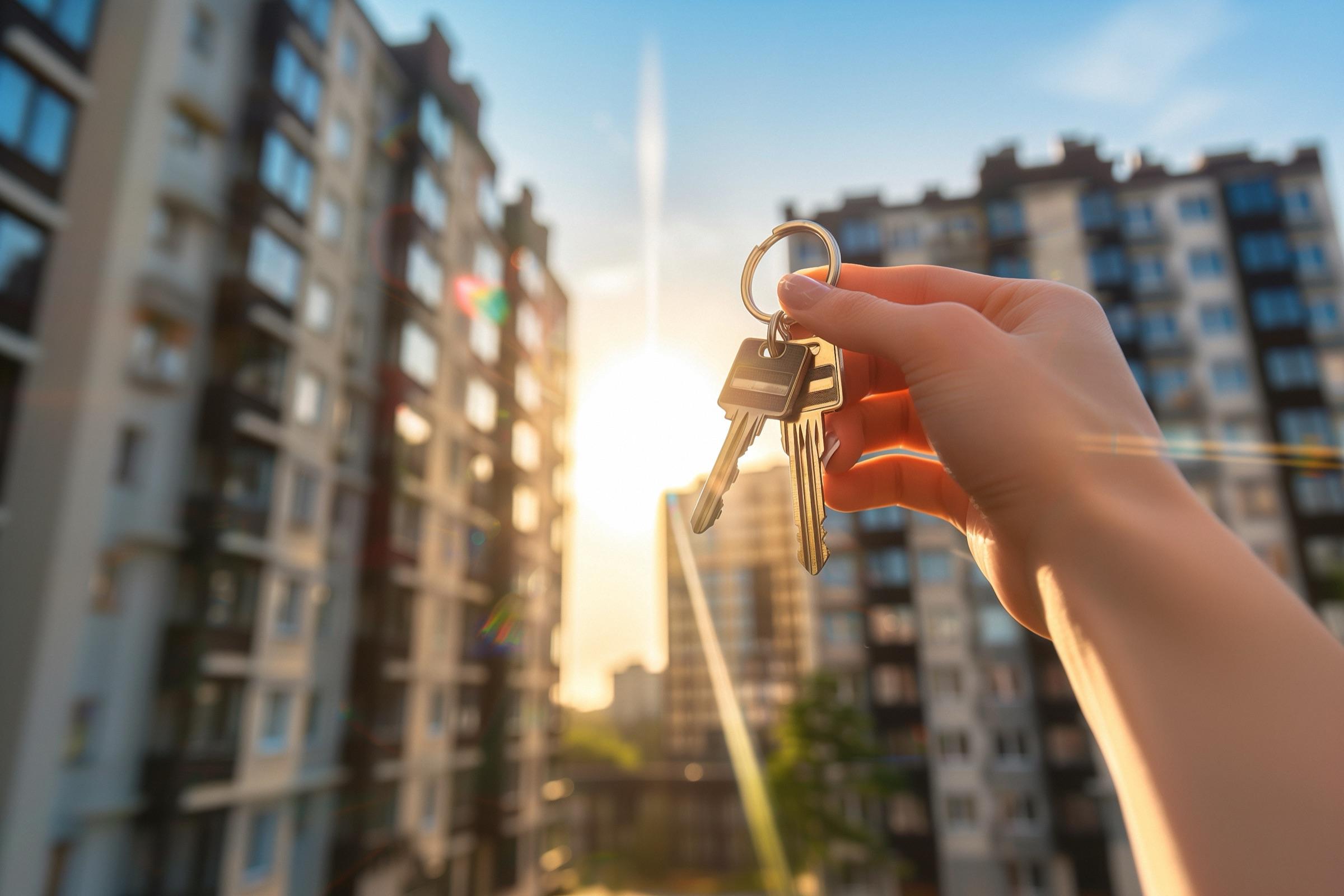 Chaves de um apartamento novo com prédios da cidade ao fundo