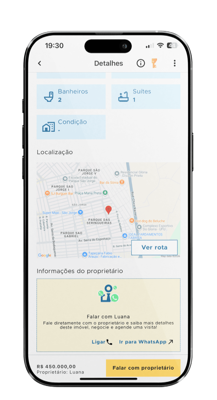 Aplicativo Chave7 exibindo a localização do imóvel e o contato do proprietário
